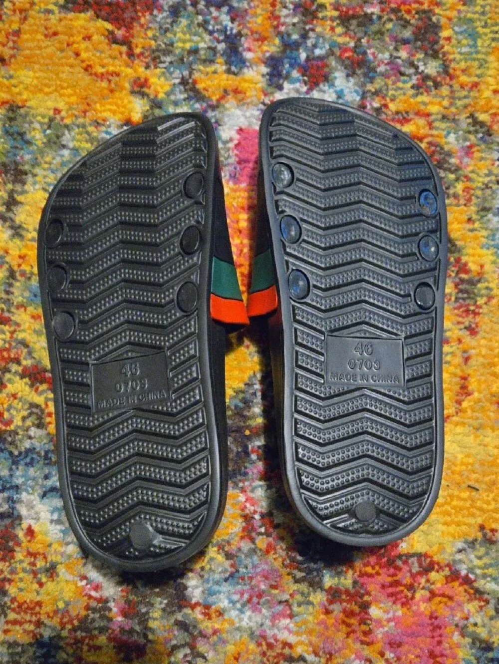 Black Slide Sandals with Green and Red Stripes